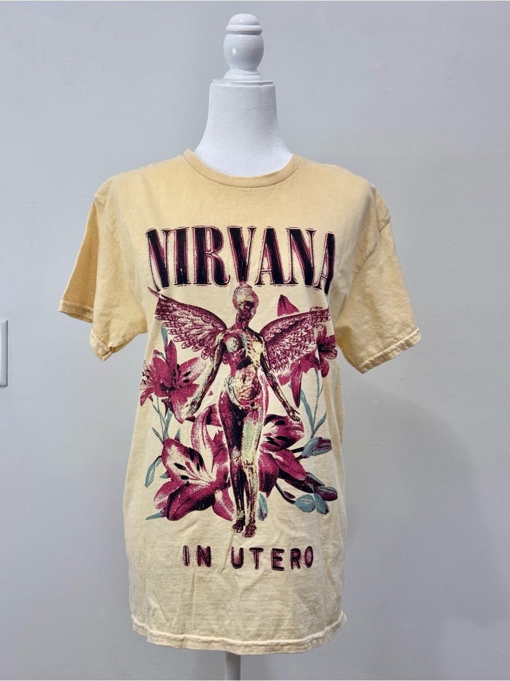 NIRVANA Pale Yellow Short Sleeve Tee with Maroon Graphic